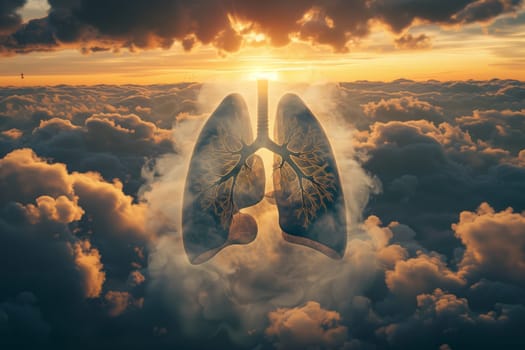 A pair of lungs float in the clouds in the atmosphere at sunset, bathed in the warm afterglow of the sun. A happy scene in the natural landscape, as dusk falls over the world