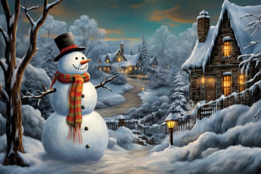 Chilly Snowman winter night. Fun holiday. Generate Ai