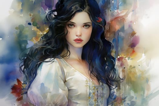 Enchanting Snow-white princess apple watercolor. Fashion portrait. Generate Ai