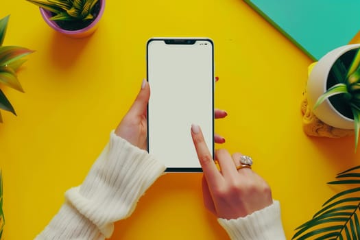 A womans hand is holding a mobile phone with a white screen on a yellow table, next to a plant. The gesture shows her using the portable communications device