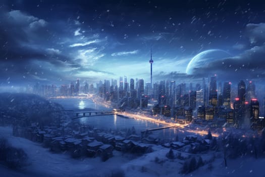 Illuminated Snowy city night street. Town scene. Generate Ai
