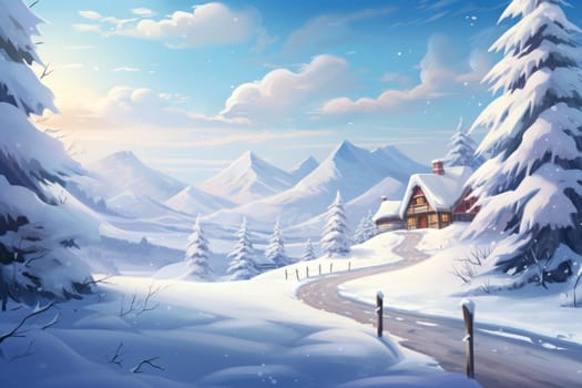 Serene Christmas landscape. Snowy hut cabin. Generate Ai