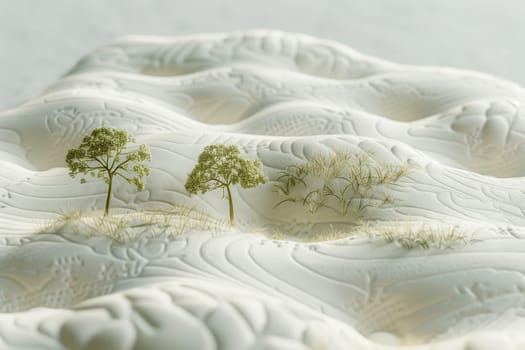 A natural landscape in the desert with trees standing in the middle, surrounded by a sloping terrain covered with grass and snow highlighting the freezing temperatures