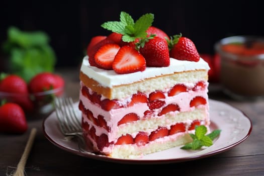 Delicious Soft cake decorated with strawberries. Bakery delicious sugary tart dessert. Generate ai