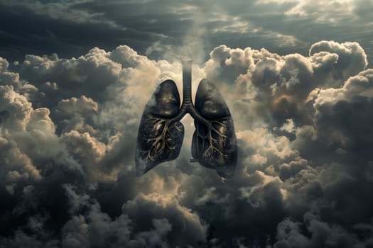 A pair of lungs drifting through the atmosphere like cumulus clouds in the sky, traveling through the landscape of water and darkness towards the horizon