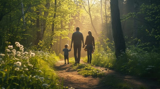 A woman and child stroll through a forest, hand in hand, amidst trees, plants, and natural woodland landscape. AIG41