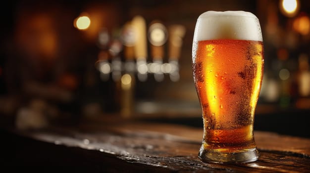 Glass of beer on wooden table. Blurred background with space for text, copyspace, banner.