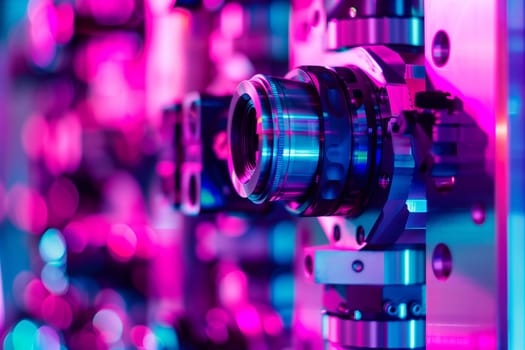 A close up of a camera with vibrant pink and violet lights in the background, creating a fun and visually stunning visual effect for entertainment purposes