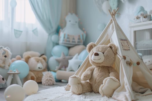 Interior design art featuring a teddy bear toy sitting in a teepee inside a childs room, surrounded by wood, fur curtains, and a cozy atmosphere