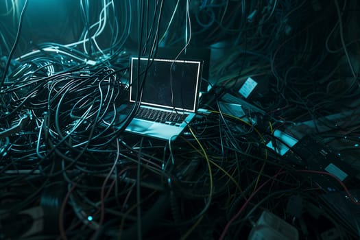 A laptop computer is perched on a tangle of wires in a dimly lit room, resembling a glowing electronic device amidst a dark forest of cables