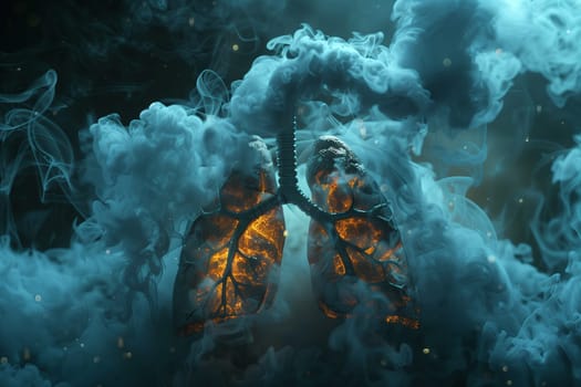 A visual representation of a persons lungs enveloped by a cloud of smoke, resembling electric blue gas. This artistic depiction symbolizes the impact of smoking on our world and health