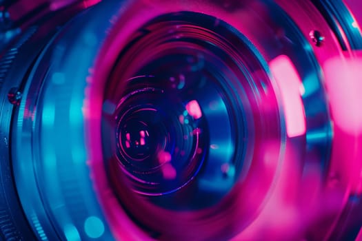 A camera lens capturing vibrant purple and electric blue lights, creating a mesmerizing display of colorfulness in a circular shape