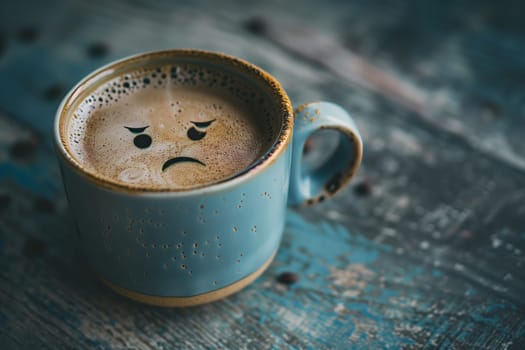 A coffee cup on the table with an angry face drawn on it, ready to serve a hot beverage with a side of attitude and caffeine kick