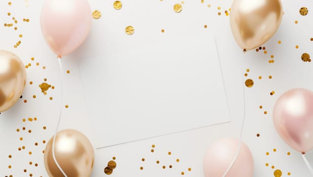 White background adorned with a mix of pink and gold balloons, confetti, creating a festive atmosphere. Perfect for events, with a touch of fashion accessory and artistry