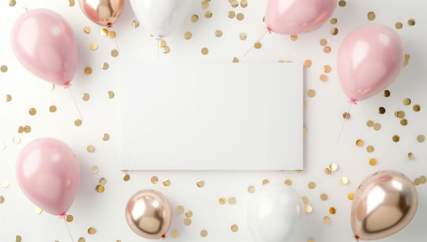 A white card is encircled by pink and gold balloons, confetti, and magenta petals. The liquid font adds a touch of elegance to the event, complementing the fashion accessory pattern