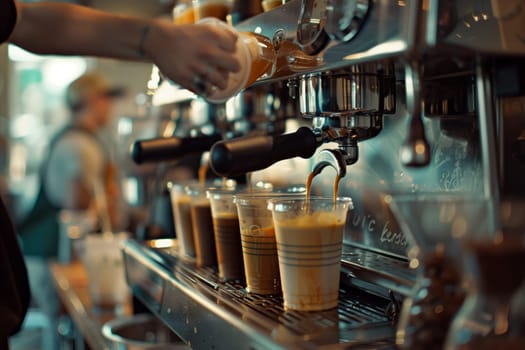 A person is dispensing coffee into plastic cups from a coffee machine, preparing a warm and comforting drink for customers