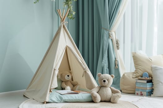 An interior design featuring a teepee made of wood with two teddy bears inside, creating a cozy and comforting atmosphere in the room
