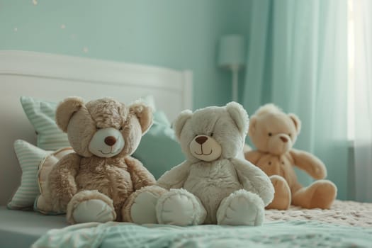 Three vertebrate mammal toys, known as teddy bears, are artfully placed on a bed in a room. Their plush fur gives them a lifelike appearance as they sit together in a cozy arrangement