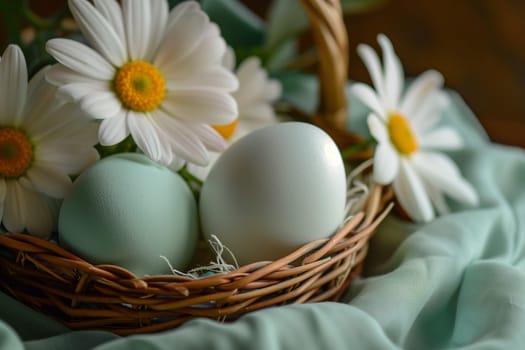 A charming basket with a bird nest, filled with delicate eggs, daisies, and petals, resting on a wooden table