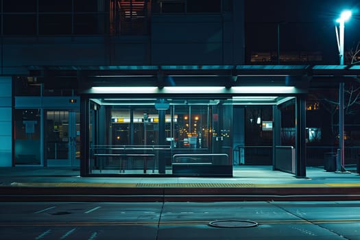 At midnight, an electric blue automotive lighting illuminates the bus stop in front of the buildings facade. The asphalt stairs lead to the city door