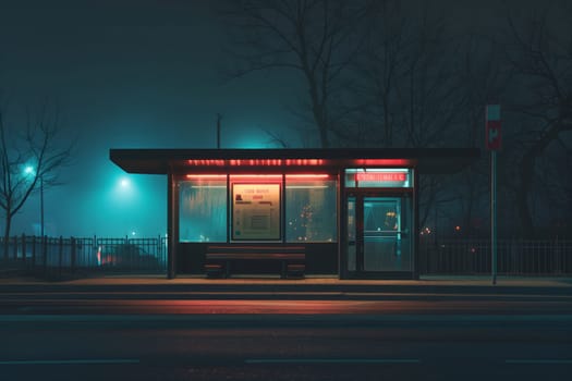 A bus stop at midnight with a bench in front of it, illuminated by electric blue automotive lighting. The building facade in darkness, gas station nearby