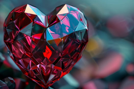 A closeup of a red heartshaped diamond with a creative arts pattern resembling petals in magenta and electric blue, showcasing craft and symmetry as an ornate ornament