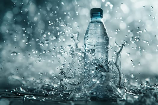 A plastic bottle of water is splashing on a glass table, creating a fluid motion in the transparent material. The natural landscape reflects the organism of the water