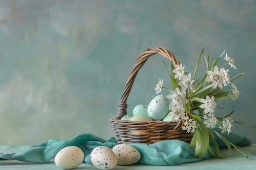 A festive Easter basket showcasing colorful eggs and fresh flowers displayed on a table, surrounded by lush green grass and natural landscape elements