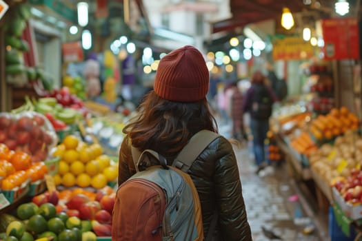 A woman carrying a backpack is shopping for natural foods at a local greengrocer in the citys lively market building