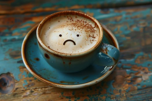 A coffee cup sits on a saucer with a sad face drawn on it, reflecting the mood of the singleorigin coffee inside. Drinkware with a twist of emotions