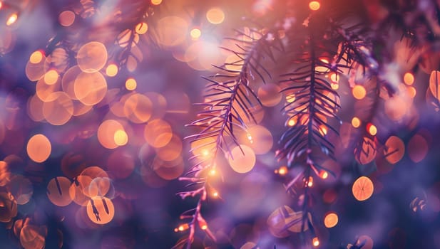 A closeup of a Christmas tree, a terrestrial plant, adorned with electric blue and magenta lights creating a beautiful pattern. It is a festive event symbolizing the holiday season