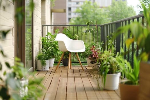 A balcony in a residential area with a chair, potted plants, and houseplants. The wooden flooring complements the shrubs and flowerpots