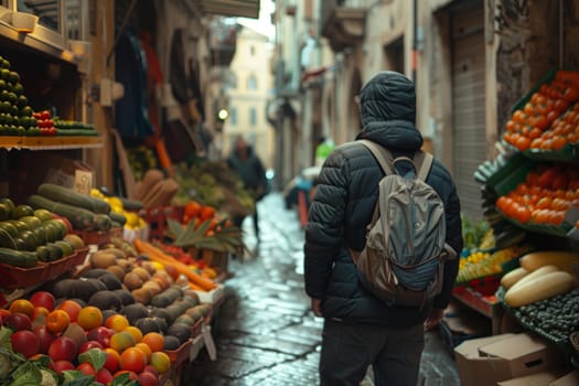 A man selling natural foods from his backpack is walking through a bustling city market, offering whole foods to eager customers as he travels from building to building engaging in trade