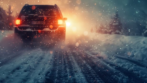 A vehicle is driving on a snowcovered road at night, its automotive tires gripping the asphalt as the headlights illuminate the path ahead