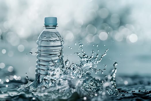 A bottle of mineral water is splashing into the liquid. The drinkware is being submerged in the water, creating ripples around the plant