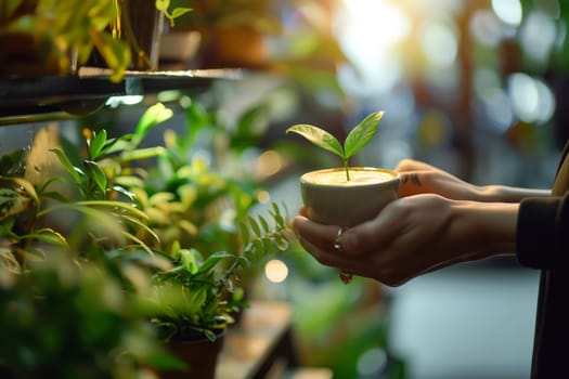 The person is holding a small terrestrial plant in a flowerpot with their thumb. The plant needs sunlight, soil, and care to grow healthy as a houseplant or in a landscape