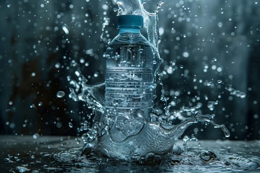 A liquid container made of transparent material is splashing water on a glass table in a city, creating a font of refreshing liquid in the freezing darkness of winter