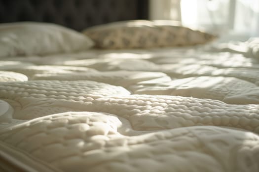 A close up of a bed with crisp white sheets and pillows, surrounded by dark wood flooring. The monochrome photography highlights the comfort and simplicity of the room