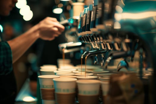 A man is pouring a delicious liqueur into cups at a drinking establishment. The event is fun and lively as guests wait with anticipation to drink the alcoholic beverage