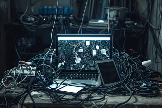 A personal computer is on a cluttered tabletop. Electrical wiring connects the device to a power source, showcasing the blend of engineering and electricity on the desk
