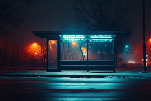 The bus stops rectangular facade is lit up with electric blue automotive lighting, cutting through the darkness of the snowy midnight scene
