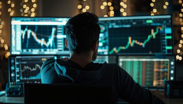 A man is seated in front of a television program displayed on a monitor, showcasing a graph. The technology and entertainment of electronic devices illuminate the darkness with multimedia content