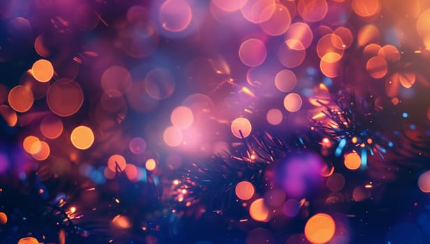A mesmerizing image featuring a blurry pattern of Christmas lights in shades of violet, magenta, and electric blue on a deep purple background