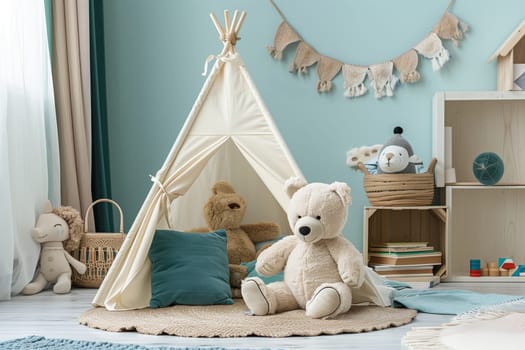 A plush teddy bear rests next to a teepee in a childs room, creating a cozy and playful interior design featuring textiles and toys