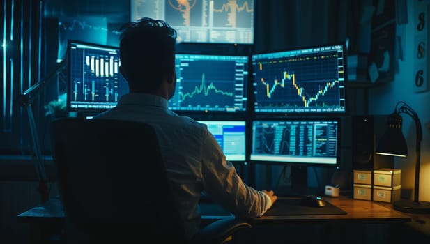 A man is sitting at a desk in a building, entertainment is displayed on three computer monitors. The electronic devices show music, television programs, and multimedia content