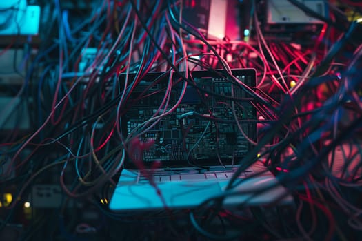 A Purple laptop computer is surrounded by Electric blue and Magenta wires in a messy room filled with Electrical wiring and Circuit components