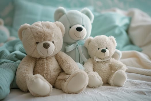 Three teddy bears, with their soft fur and cute snouts, are comfortably sitting on a bed. These stuffed toys, made of natural material, add a touch of coziness with their adorable patterns
