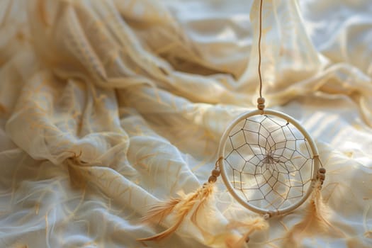 A twig and wood dream catcher with intricate patterns and fur hangs from a rope on a bed. It is a fashion accessory and jewellery made of transparent material, resembling a circle