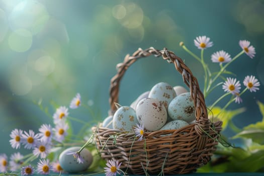 A storage basket overflowing with colorful Easter eggs and delicate daisies sits atop a wooden table, surrounded by twigs and grass