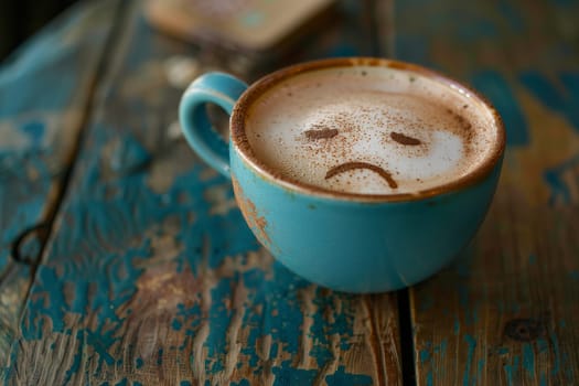 A coffee cup sits on a wooden table, with a sad face drawn in the foam. The tableware creates a somber atmosphere for the drinkware